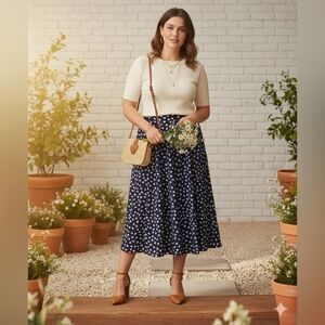 Navy Polka Dot Midi Skirt